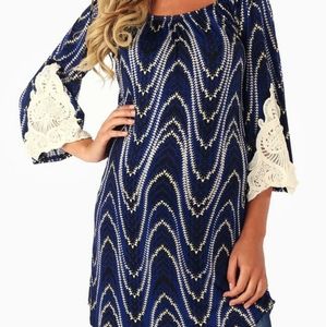 Blue Black Printed Crochet Sleeve Maternity Top